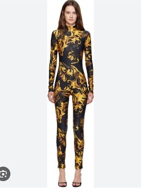VERSACE JEANS COUTURE- Black and Gold Baroque Print Jumpsuit